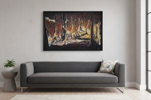 Where Fire Walks 36x24 - Black frame above sofa